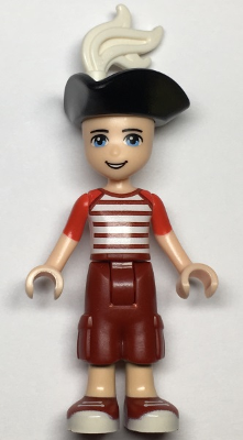 Zack, Dark Red Cropped Trousers Large Pockets, Red and White Striped Shirt, Pirate Tricorne Hat, White Plume